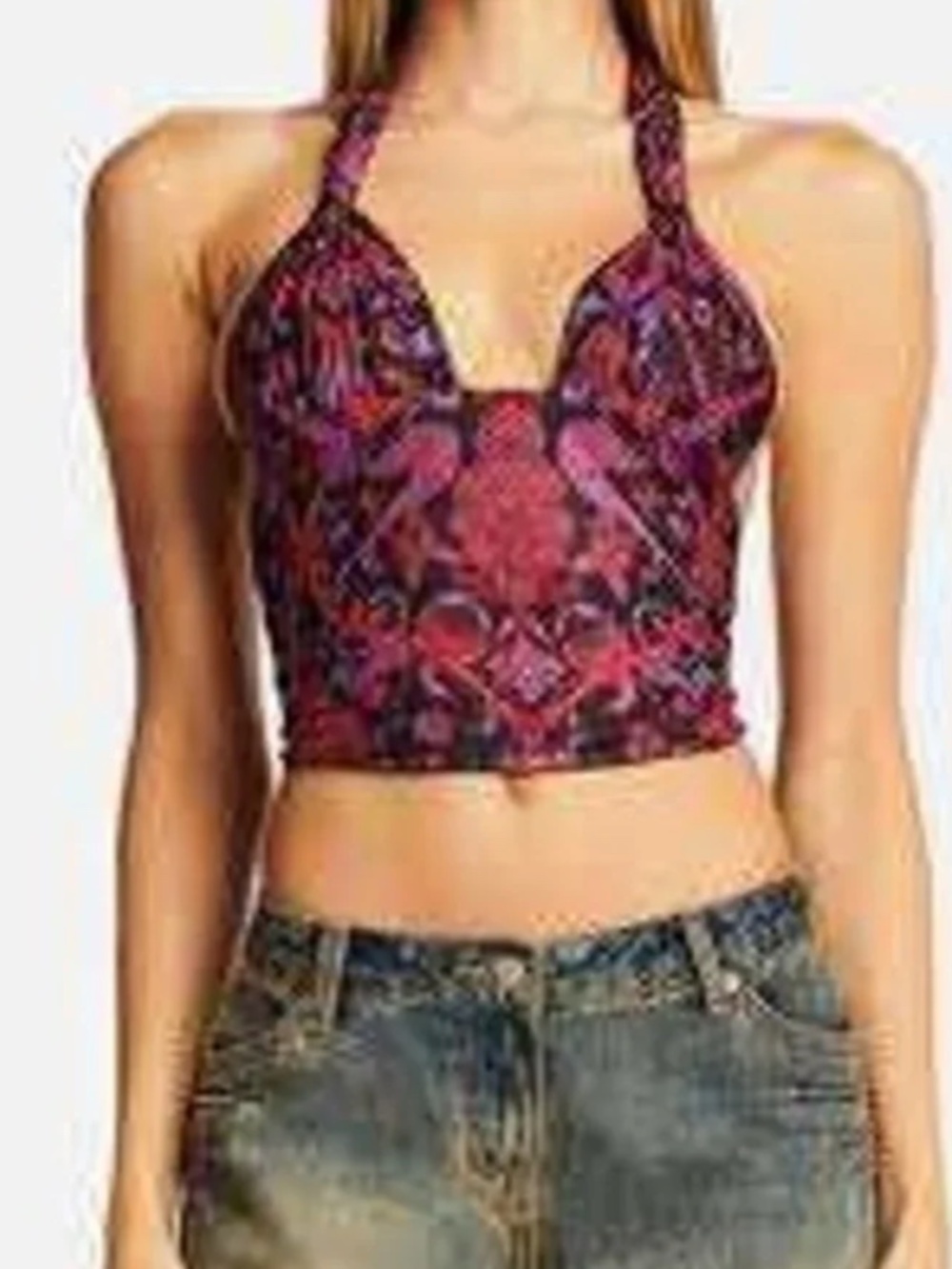 I AM GIA Top Women Red Harley Paisley Halter Butterfly Cropped Sz XS